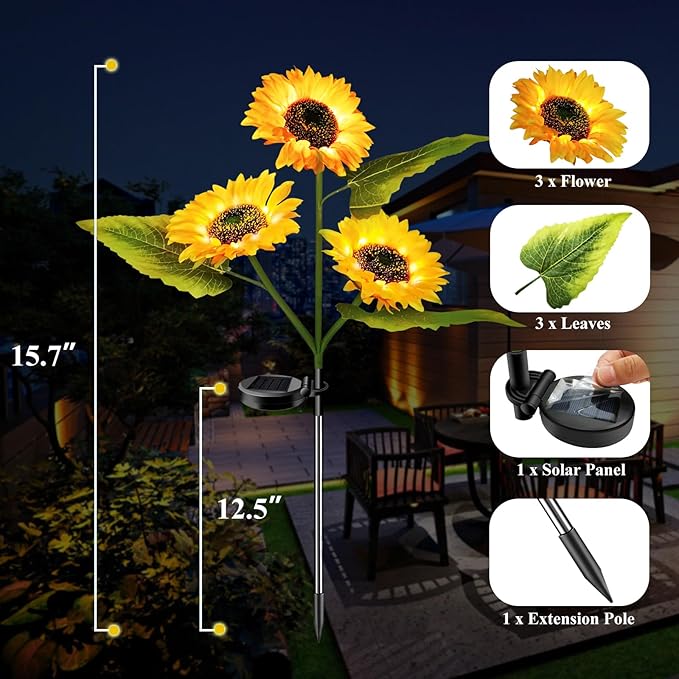 2-Pack Solar Powered Sunflower Garden Lights, LED Outdoor Decor Solar Light Flowers for Yard Patio Ground Lawn Landscape, Decorative Flower Bright Night Outside