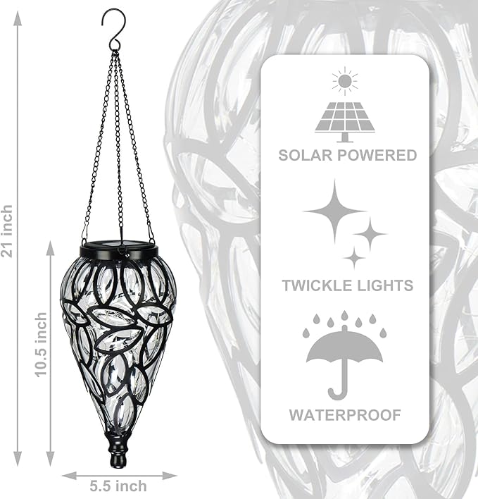 Solar Hanging Lantern Outdoor Lights, Tear-Shaped 15 LEDs Cool White Hanging Lights with S Hooks Decor in Garden, Yard, Pathway, Front Door and Landscape