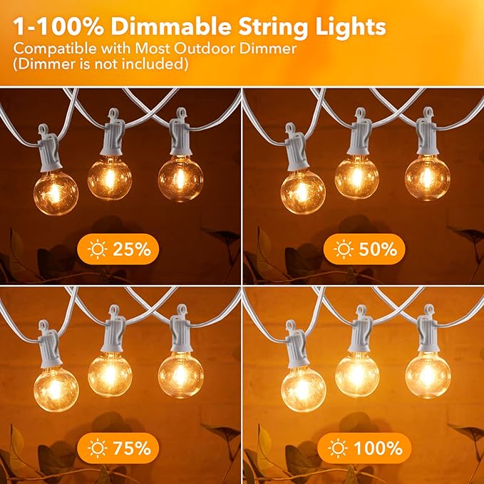 Outdoor String Lights - 50 Ft Waterproof Connectable Commercial LED Patio Lights with 25 G40 Globe Bulbs, All Weatherproof Hanging Globe Lights for Outside Backyard Porch Party Decoration