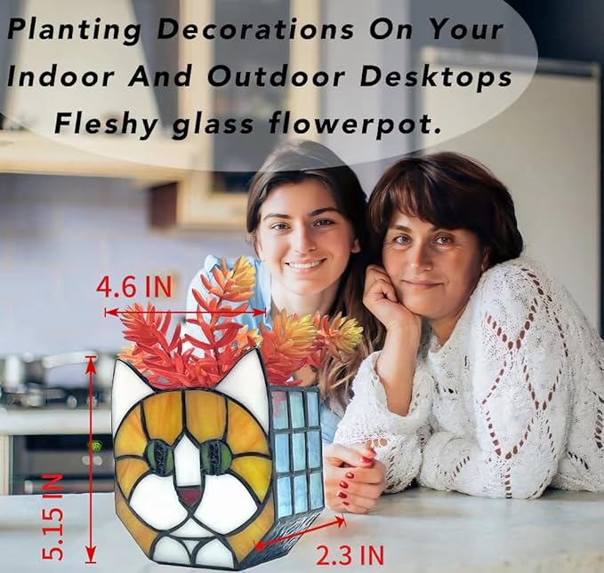 Tiffany Style Orange Cat Stained Glass Flower Pots,Indoor Plant Display, Orange Cat Small Pots for Plants, Gift for Cat Lovers,4.6x5.15x2.3 in （Excluding Plants）
