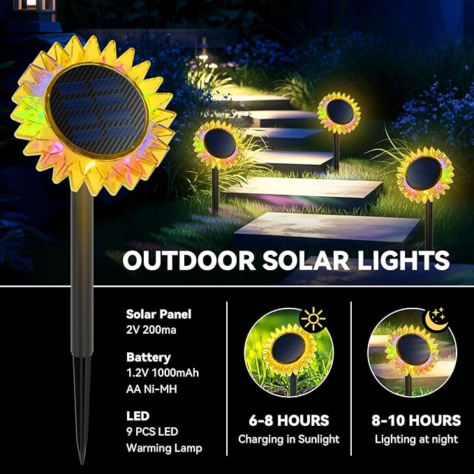 Outdoor Solar Lights, 4 Pack Upgraded Solar Sunflower Lights, Ground/Wall 2-in-1 Waterproof Solar Garden Lights for Yard, Landscape, Fence, Path, Patio, Driveway, Backyard Decor (Colourful)