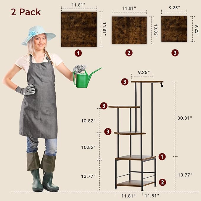 Plant Stand Indoor with Grow Light, 5-Tiered Tall Plant Stand Indoor, Metal Plant Shelf with Hanging Basket Hook and Adjustable Light, Ideal for Living Room, Garden, Patio,Brown and Black（2 pcs ）