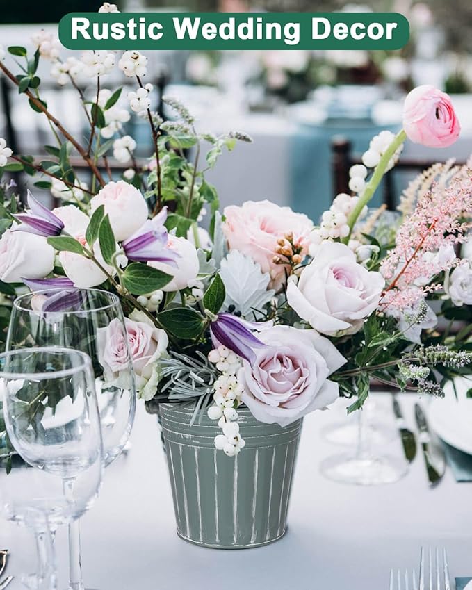 vensovo 6 Inch Grey Green Metal Rustic Flower Pots - 6Pcs Medium Galvanized Planters with Drainage Hole and Rubber Plug, Rustproof Metal Bucket Plant Pots Farmhouse Vintage Style for Decor