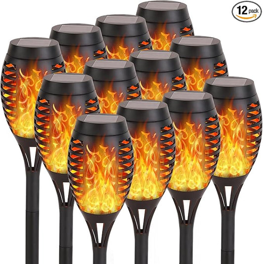 Solar Lights Outdoor, 12Pack Solar Torch Light with Flickering Flame for Garden Decor, Waterproof Outdoor Lighting Landscape, LED Flame Torches for Outside Patio Pathway Yard Decorations