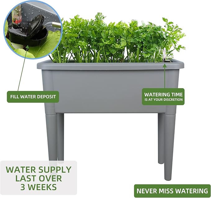 Dexceder 13.2 Gallon Self Watering Raised Garden Bed with Ventilation Transparent Lid Greenhouse, Deepen Vegetable Flower Box Planter Pot with Removeble Legs & Water Level Indicator (Deep Gray)