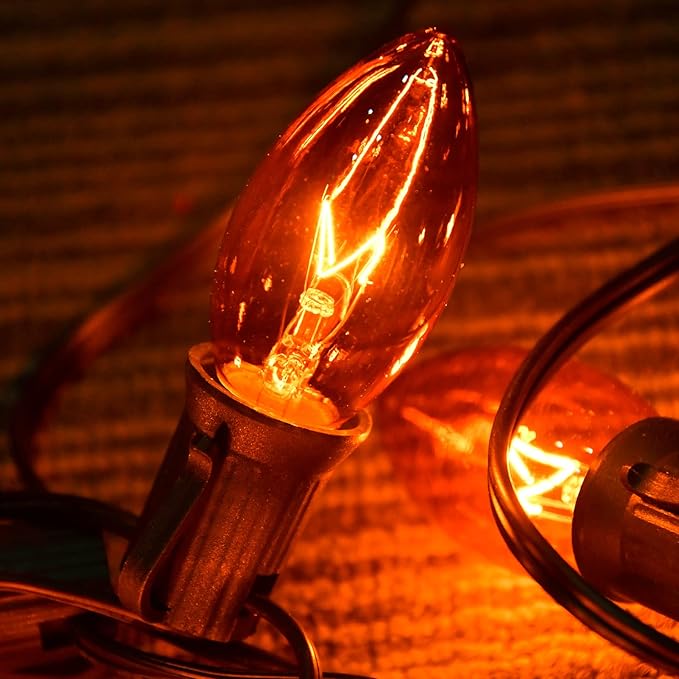 C9 Clear Orange String Light, 25Ft Outdoor Halloween Light String with 25 Clear Edison Bulbs, C9 Vintage Glass Hanging Lights for Patio Halloween Party Holiday Decor, C9/E17 Base, Black Wire