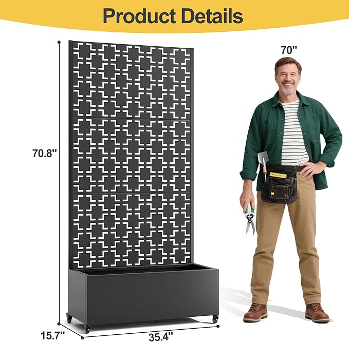 Raised Garden Bed with Trellis and Wheels,73"x35"x16" Metal Raised Garden Bed,Black Squared Metal Planter with Climbing Trellis for Vines & Vegetables