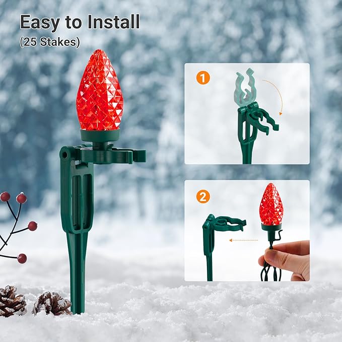 SURAIELEC C9 Christmas Pathway Lights, 25FT Outdoor Christmas Light with 25 Stakes, 25 Multicolored LED Bulbs, Connetable String Lights for Yard, Walkway, Driveway Decor, Waterproof, UL Listed