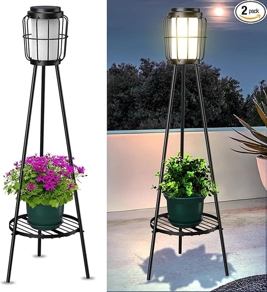 2 Pack Solar Lights Outdoor with Plant Stands, Solar Floor Lamp, Solar Powered Street Lights Metal Tripod Deck Lights, Patio Decor for Garden Yard Pathway Driveway Porch