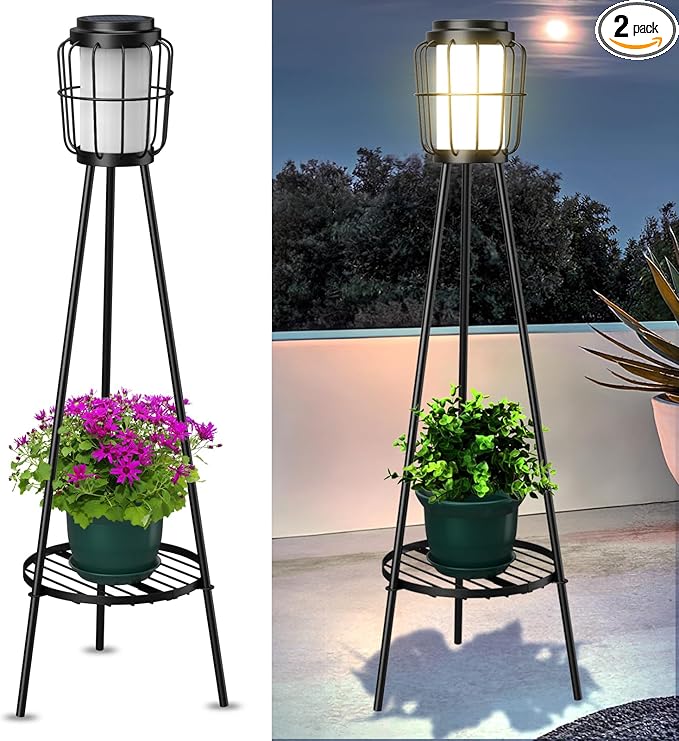 2 Pack Solar Lights Outdoor with Plant Stands - Solar Floor Lamp & Street Lights with Metal Tripod - Patio Decor for Garden, Yard, Pathway, Driveway, Porch