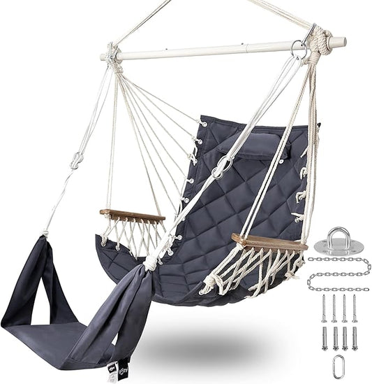 Patio Swing Chair with Adjustable Footrest & Headrest-Quilted Fabric&Steel Spreader Bar, Wooden Armrests for Porch/Garden;350lbs Capacity;Hardware kit Included Dark Grey