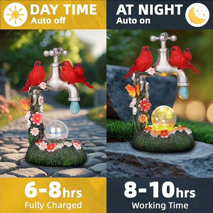 Red Cardinal Bird Statue with LED Ball Light 8.6"Resin Caidinal Figurine Outdoor Waterproof Solar Statues for Yard and Garden Unique Housewarming Birthday Outdoor Gifts for Women Mom Wife Girlfriend