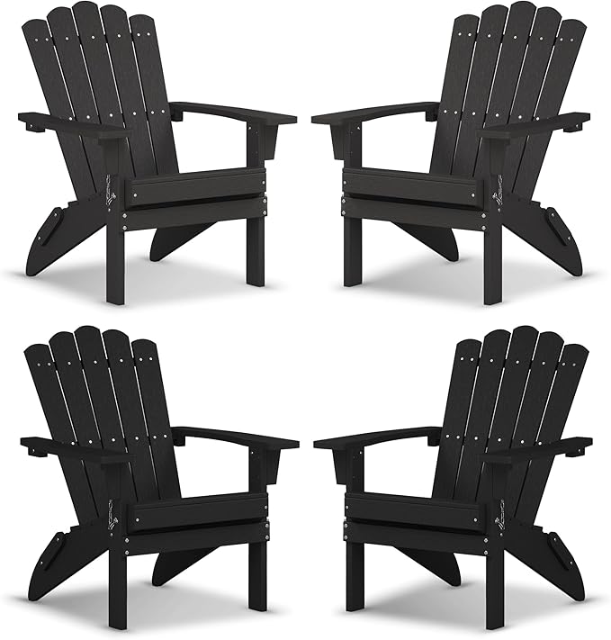Set of 4 Folding HDPE Adirondack Chairs - Heavy-Duty Weather-Resistant Patio Chairs with Wide Armrests & Ergonomic High Back, Fire Pit Seating for Backyard, Garden, Porch (Black)