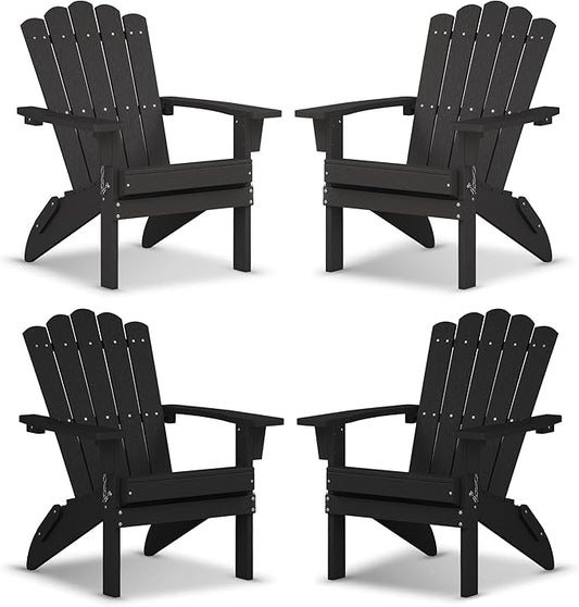 Set of 4 Folding HDPE Adirondack Chairs - Heavy-Duty Weather-Resistant Patio Chairs with Wide Armrests & Ergonomic High Back, Fire Pit Seating for Backyard, Garden, Porch (Black)