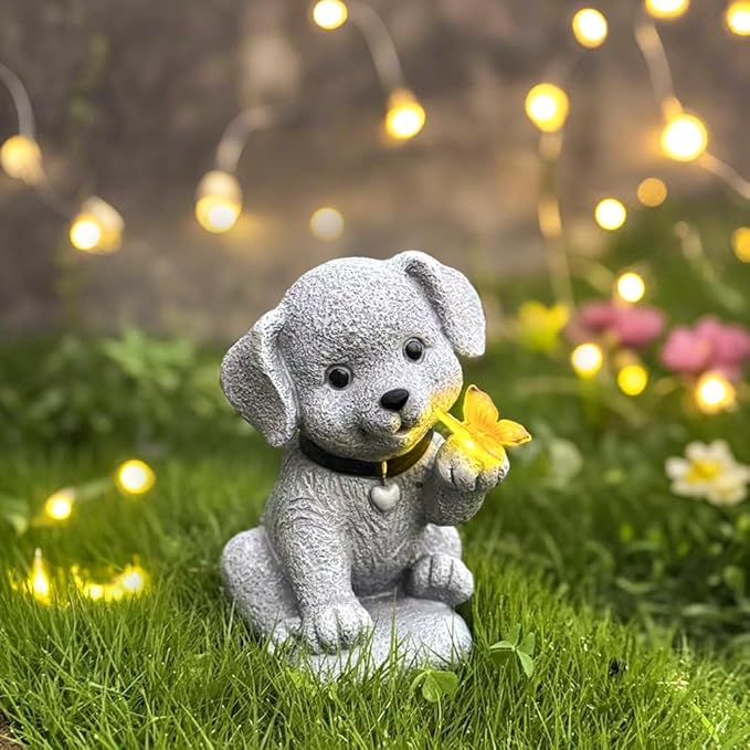 Solar Dog Statue Garden Decor with Butterfly Light – Waterproof Outdoor Yard Art for Patio, Lawn, Balcony for Patio, Balcony, Yard Ornament, Unique House Warming Garden Gifts Figurine Lights