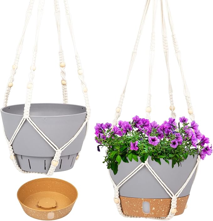 QCQHDU 2 Pack Hanging Planters for Indoor Plants, Outdoor Hanging Baskets, Self Watering Pots with Drainage Holes & Removable Tray (Light Grey, 8 inch, Macrame Hanger)