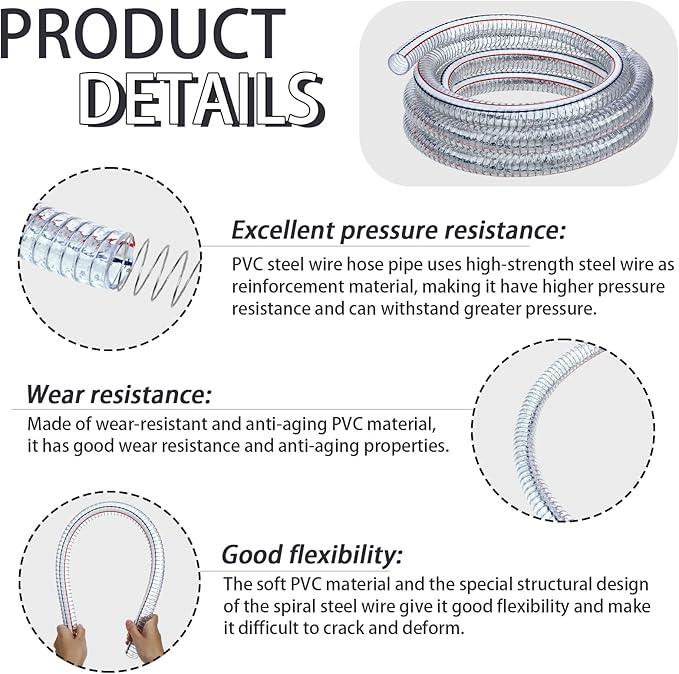Frienda Heavy Duty Steel Wire Flexible Tubing with Fasteners PVC High Pressure Drain Hose Tube Pond Tubing Clear Wire Reinforced for Pond Bilge Pump Vacuum Suction Hose(16.4 Ft, 1 Inch Id)