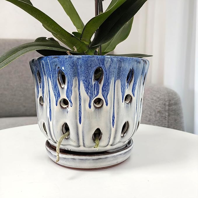Ceramic Orchid Pot with Drainage Hole 6'' Orchid Planter (Blue Cover White)