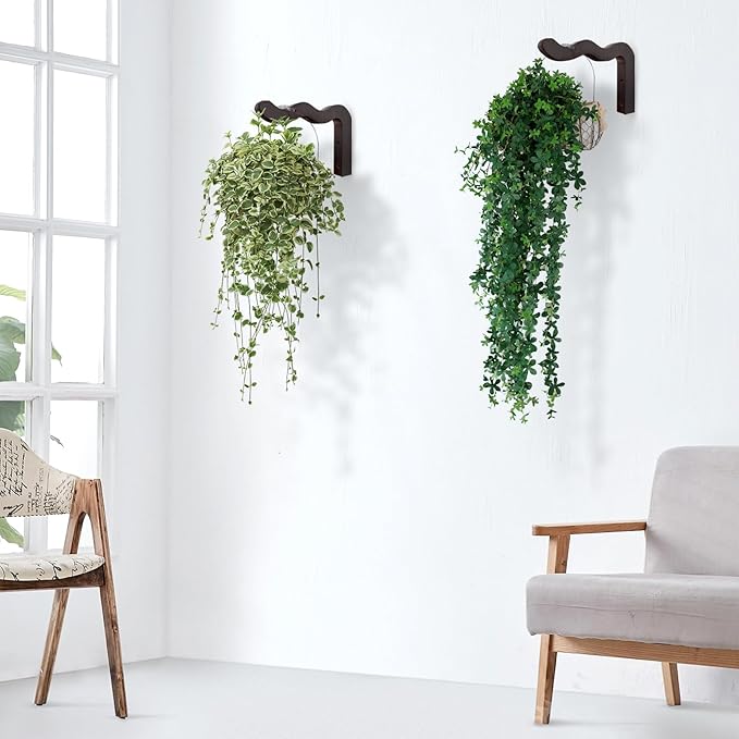 FGSAEOR Wavy Plant Hanger Hooks for Indoor/Outdoor Hanging Plants, 2 Pack Rustic Farmhouse Wall Mount Wooden Hanging Basket, Lanterns, Bird Feeders - Decorative Bracket for Patio, Balcony,Walnut Color
