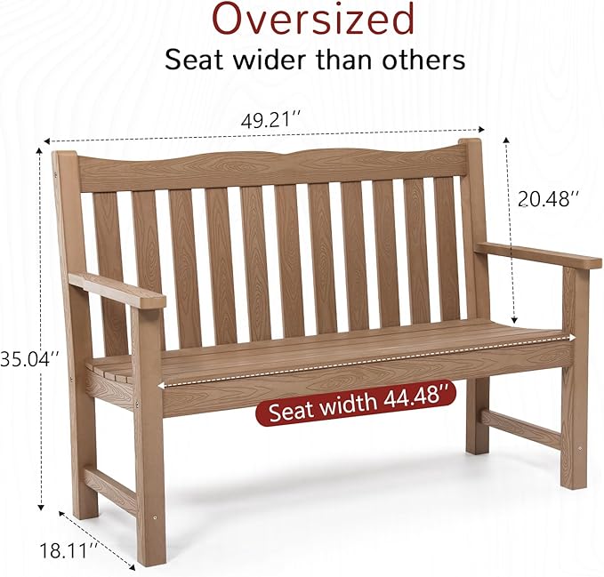 Outdoor Bench, 2-Person Poly Lumber Garden Bench, All-Weather Outside Bench with 800 lbs Weight Capacity, Never Rot or Fade, Looks Like Real Wood, Teak