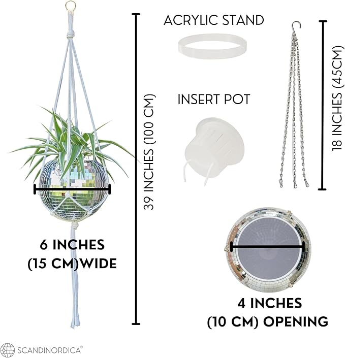 SCANDINORDICA Disco Ball Planter – Value Package: Mirror Disco Planter with Chain, Macrame Hanger and Acrylic Stand for Desk, Includes Self Watering Insert, Disco Ball Decor | 6 inch Silver