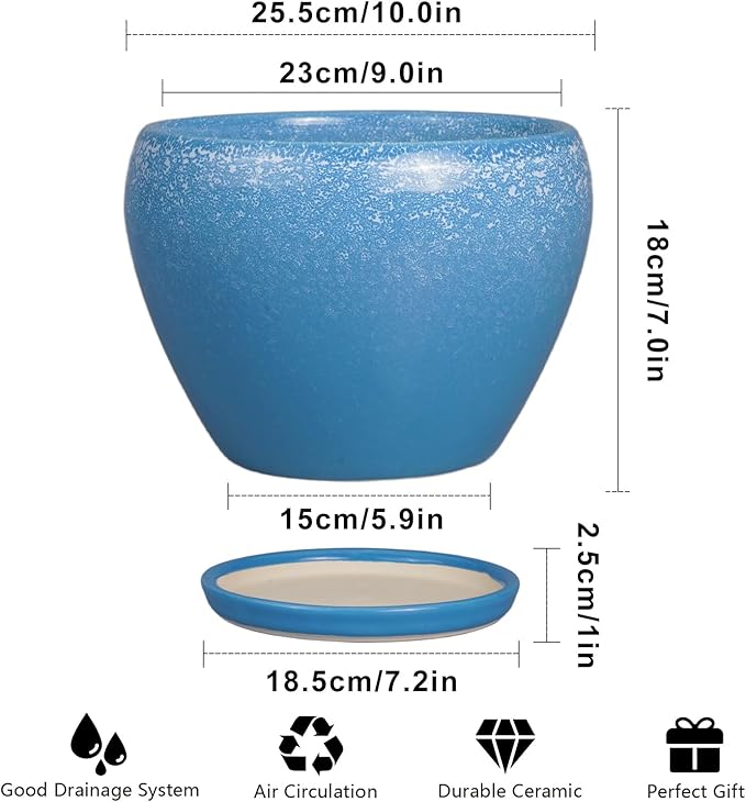 Ceramic Planter Pot 10 Inch - Ceramic Plant Pot for Indoor Outdoor Plants, Large Flower Pot with Drainage Hole and Saucer, Blue