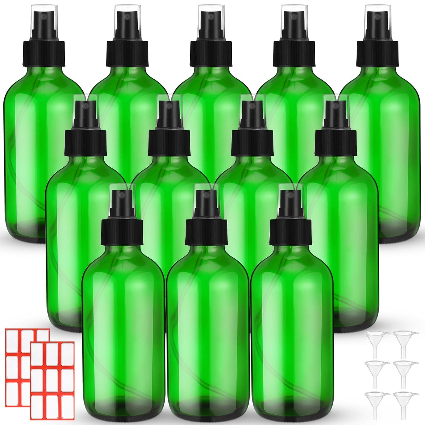 Norme 12 Pcs 8 oz Glass Spray Bottles with Funnels and Labels Refillable Cosmetic Empty Spray Bottles with Sprayer Containers for Essential Oil Cleaning Solutions (Green,Stylish)