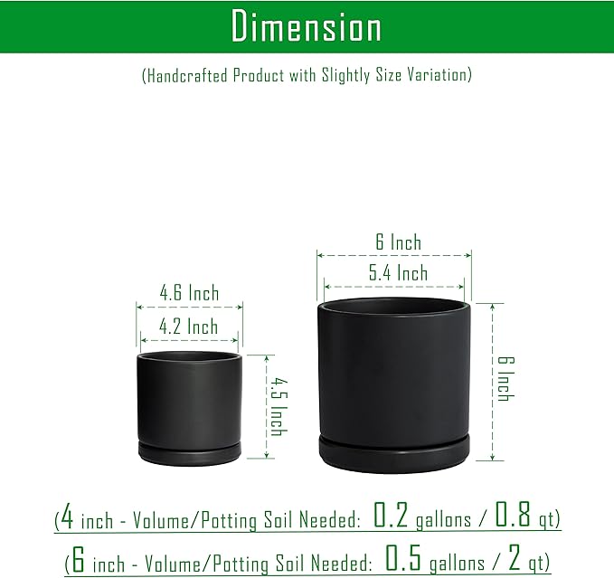 D'vine Dev 4.6 Inch & 6 Inch Ceramic Planter Pots for Plants with Drainage Hole and Saucer, Small Plant Pots Set, Black, 94-G-S-2