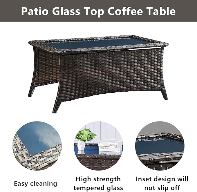 Outdoor Wicker Furniture Patio Set - 7 Piece Backyard Furniture Brown Rattan Conversation Sets with Swivel Rocker Chairs, Rattan Sofa, Club Chairs and Coffee Table, Blue Cushion