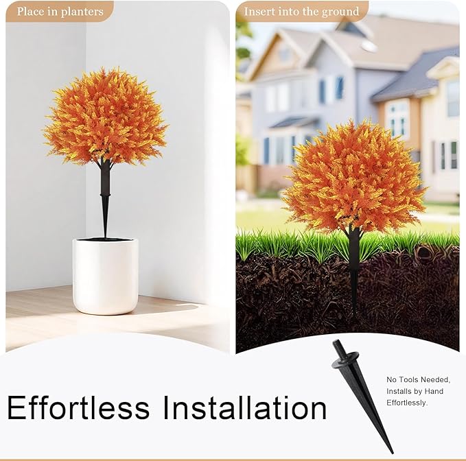 24" Artificial Cedar Topiary Ball Bushes, Set of 2 UV Resistant Fake Trees Outdoor Shrubs with Stake, Weatherproof Faux Plants for Planter, Front Porch, Garden, Yard, Patio Fall Decor