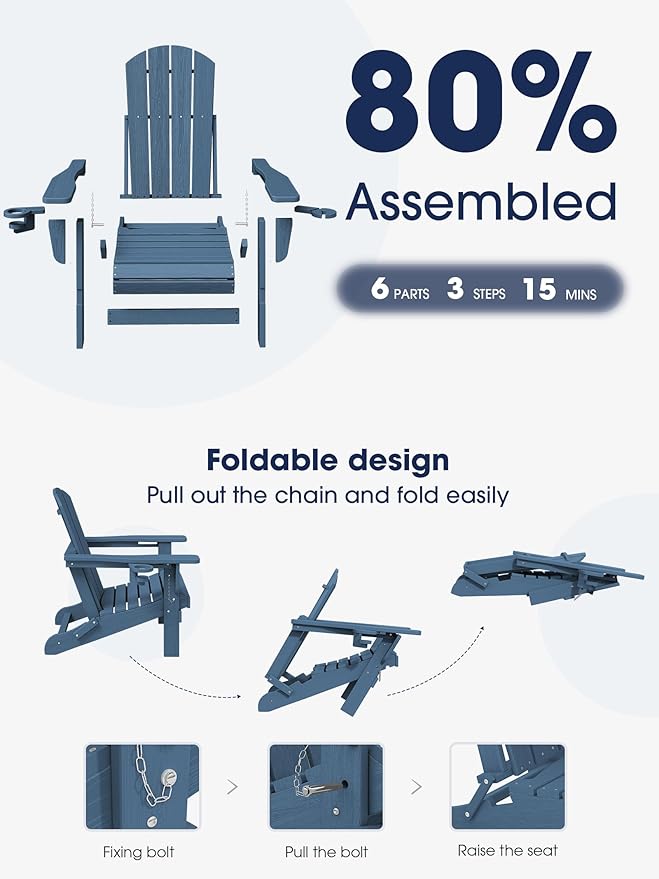 KINGYES Folding Adirondack Chair Set of 4, Dual Cup Holders & All-Weather HDPE, Wood-Like Patio Chair for Backyard, Camping, Pool & Fire Pit, Navy