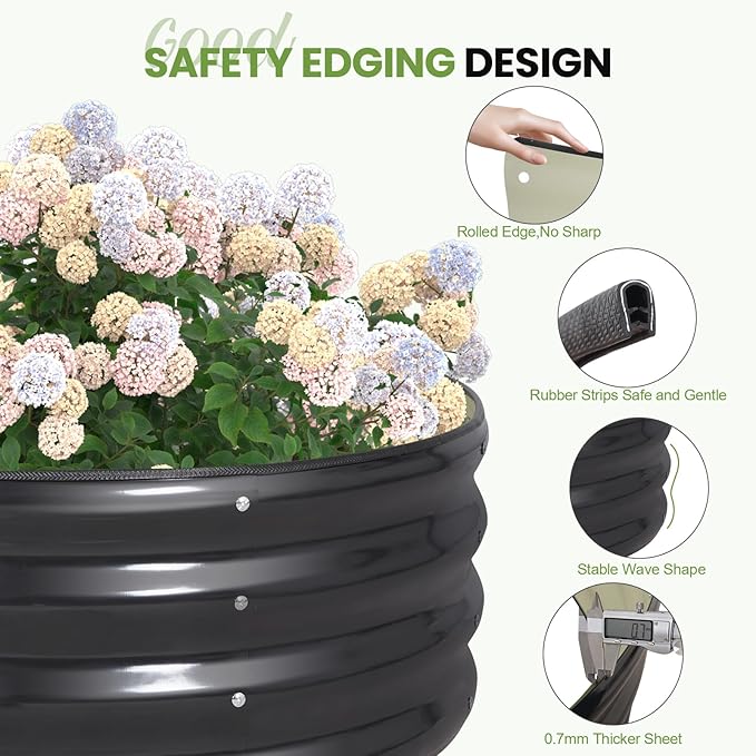 G GOOD GAIN Round Raised Garden Bed - 2Pcs 3x3x1ft Galvanized Steel Planter Boxes Outdoor with Rubber Edge Trim | Metal Raised Beds for Gardening Vegetables Flowers Fruits Herbs (Dark Grey)