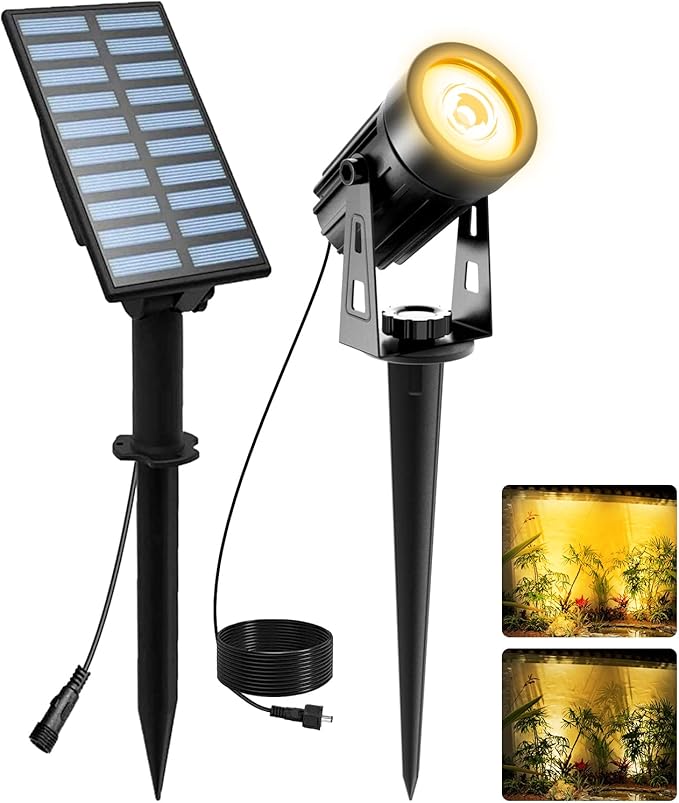 T-SUNUS Solar Landscape Spotlights, Solar Garden Spot Light IP65 Waterproof 9.8ft Cable, 2000mAh Separated Solar Panel, Auto On/Off for Garden Driveway Pathway Pool Area(Warm White 3000K)