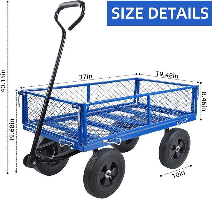 Heavy Duty 480 Lbs Capacity Mesh Steel Garden Cart Folding Utility Wagon with Removable Sides (Blue)