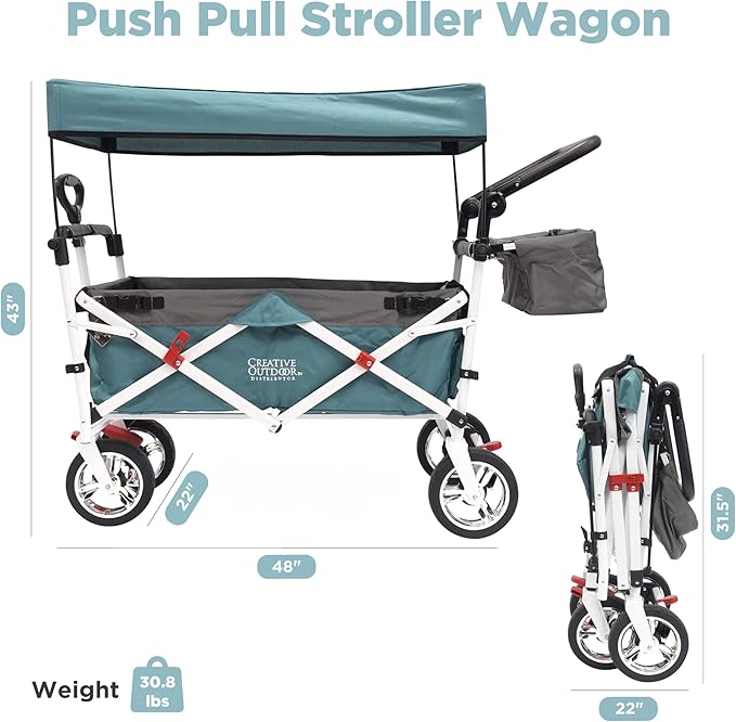 Creative Outdoor Wagon for Kids Push Pull Collapsible Stroller Folding Cart | Silver Series | Beach Park Garden & Tailgate | Teal