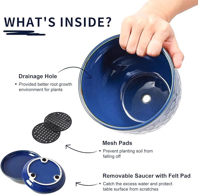 Sureasy Ceramic Indoor Plant Pots - 5.6 Inch Flower Pots for Plants with Drainage Hole and Saucer, Embossed Planter for Succulents, Orchid, Cactus, Indoor Home Decor, Set of 4, Blue