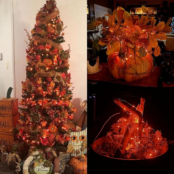 YEGUO 4 Pack Orange Solar Halloween Lights Outdoor Waterproof, Each 33ft 100 LED Solar Fairy Lights, 8 Modes Solar String Lights