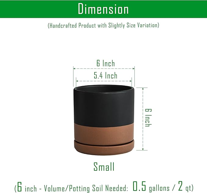 D'vine Dev 6 Inch Ceramic Planter Pot with Drainage Hole and Saucer, Indoor Cylinder Round Planter Pot, Black/Speckled Tan, 94-O-C-7