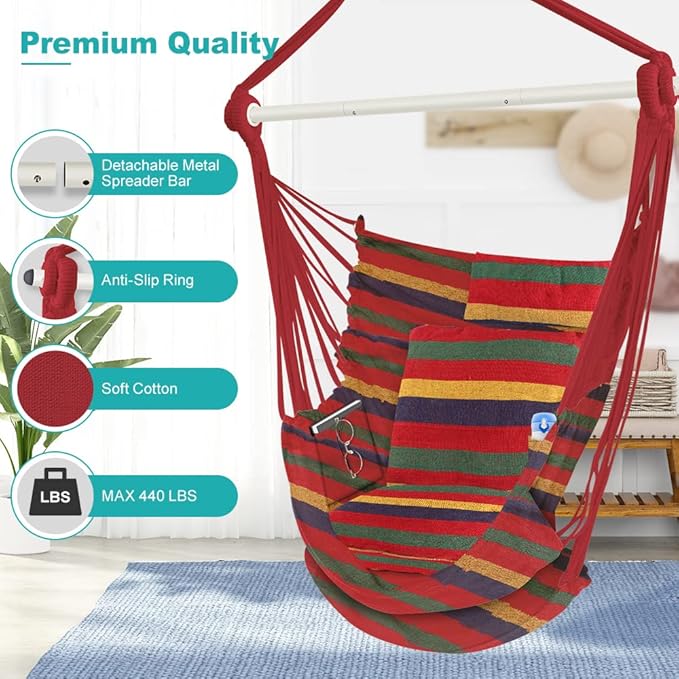 Outerman Hammock Chair, Hanging Chair with 3 Cushions and Foot Rest Support, Sturdy Metal Spreader Bar Max 440 Lbs, Swing Chair for Bedroom, Indoor & Outdoor, Patio, Porch or Tree（Red）