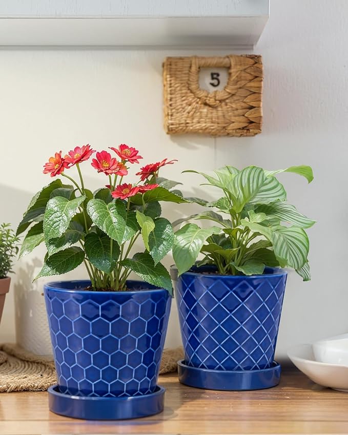 EFISPSS Ceramic Plant Pots, 5Inch Pots for Indoor Plants, Planters with Drainage Holes and Ceramic Tray,Plant Lover Gift, Desktop Office Windowsill Decoration Gift Set of 4 - Blue