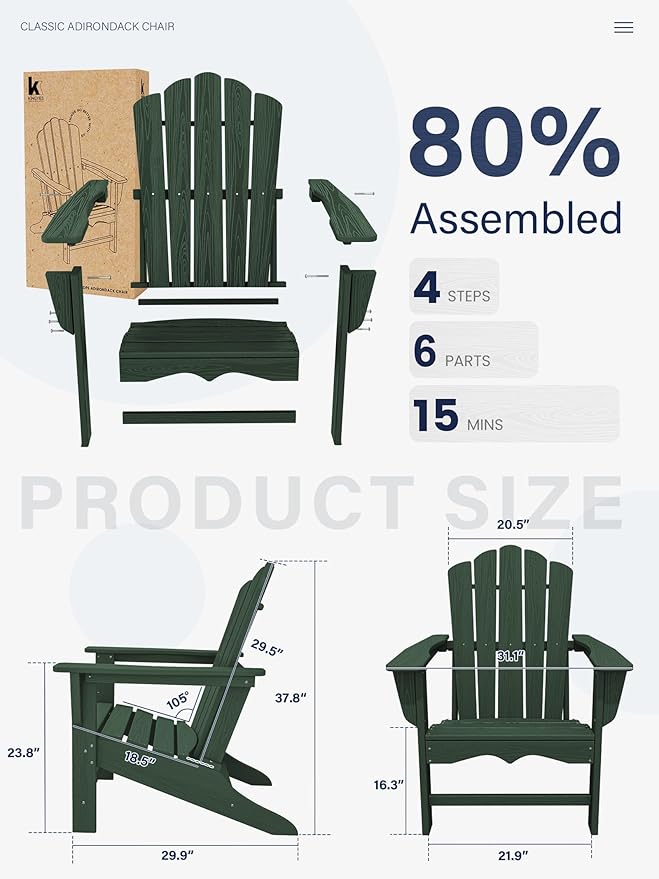 KINGYES HDPE Adirondack Chair Set of 6, Classic All-Weather Adirondack Chair, Green