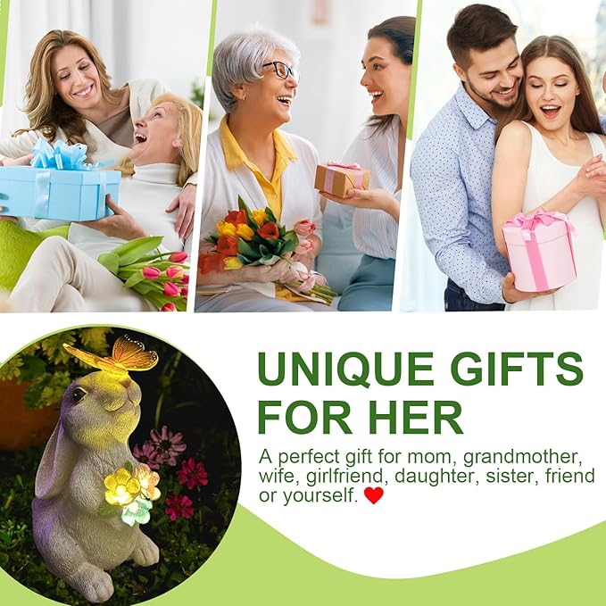 YODY Solar Garden Statues Outdoor Decor- Yard Decorations for Patio, Balcony, Backyard, Lawn Ornaments - Rabbit Figurines with LED Light- Unique Birthday House Warming Gifts for Women, Mom, Grandma