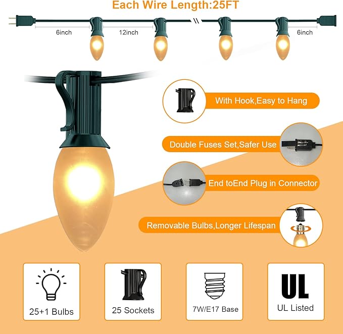 25 FT C9 Frosted Christmas Lights,Warm White Outdoor Christmas Lights with 26 Bulbs(1 Spare), C9/ E17 Base,Old Fashioned Christmas Lights for Roofline, Yard, Garden, Wedding Decorations