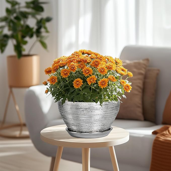 Pot for Plants 9 Inch - Ceramic Plant Pot Indoor with Drainage Hole and Saucer Round Planter for Indoor Plants Modern Decorative Flower Pot for Home Decor Silver