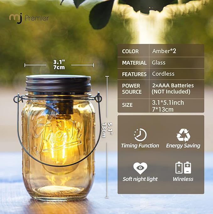 Outdoor Mason Jar Lights Hanging, 2-Pack LED Decorative Garden Lanterns with Timer, Battery Operated Vintage Glass Light for Patio Camping Courtyard Backyard Tree Hallway Stairs Farmhouse (2*Amber)