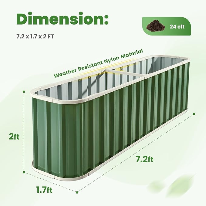 KING BIRD Raised Garden Bed Quick-Install Galvanized Planter Garden Box Outdoor for Gardening, Vegetables, Flowers 7.2x1.7x2 Ft, Green