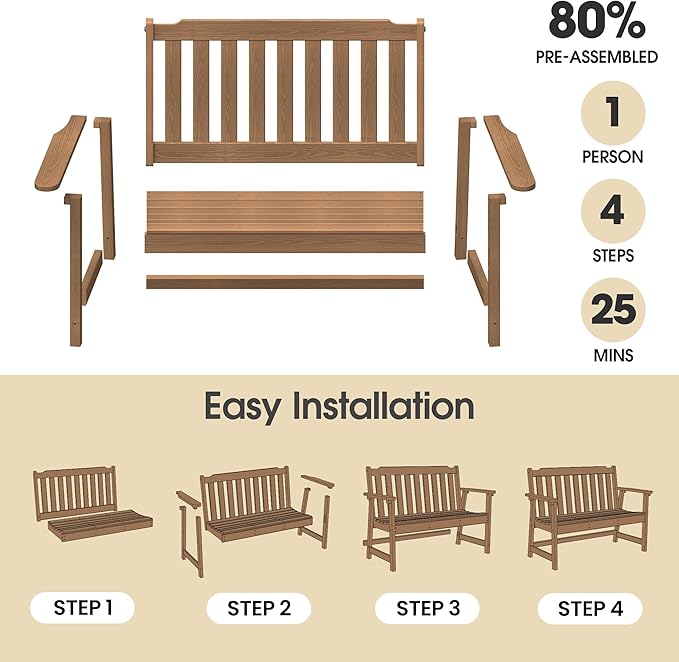 Ciokea 46" Heavy Duty Outdoor Bench, HDPE Weatherproof Garden Benches, Durable 2-Person Benches with 660 Lbs, Waterproof Patio Porch Bench for Outside Balcony Deck Backyard, Teak