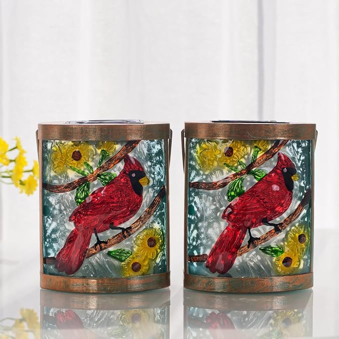 Starsoul 2 Pack Hanging Solar Lantern Outdoor Waterproof Glass Red Cardinal Decorative Solar Lights for Outside Garden Yard Table Patio Decor Cardinal Gifts