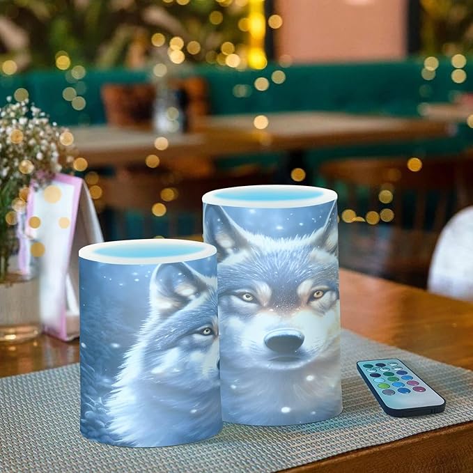 Flickering Flameless Candles, Wolf Snowy LED Candles with Remote Timer, Set of 2 Battery Operated Candle for Valentine Wedding Birthday
