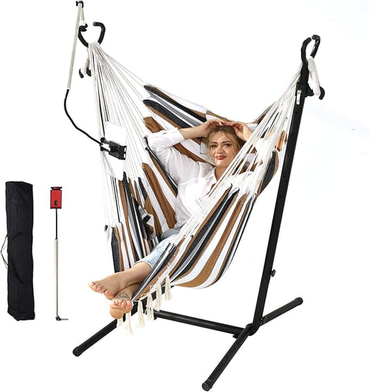ZEYU Hammock Chair with Stand Double Hammock Chair Bohemian Style with Tassel Mobile Phone Support Manual Adjustable Swing Indoor and Outdoor Garden Porch with Floor mat Reclining Capacity 400 pounds